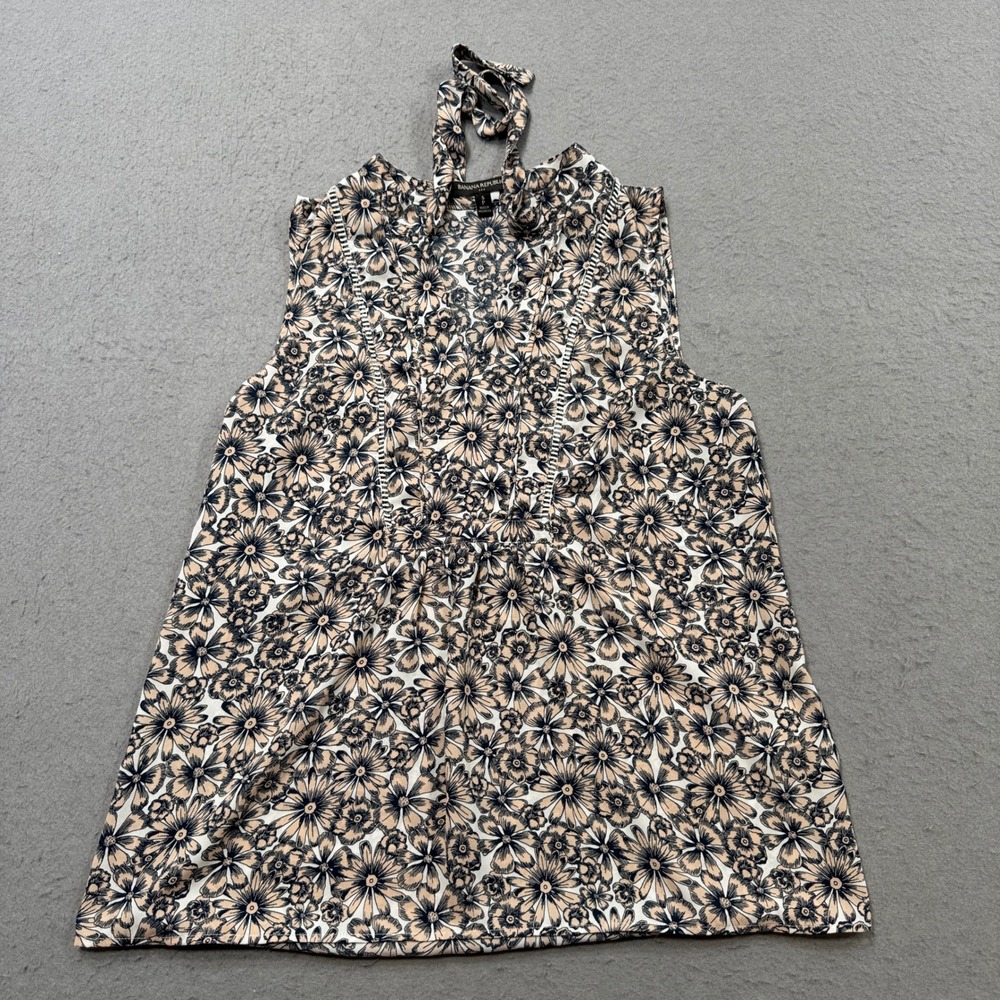Banana Republic Halter Top Women's Small Tan Black Floral Daisy Tie Neck Lace